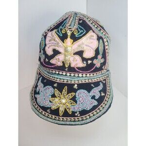 Vintage Womens Beaded Aplique Wide Brim Baseball Cap Hat Made In Burma Sz L